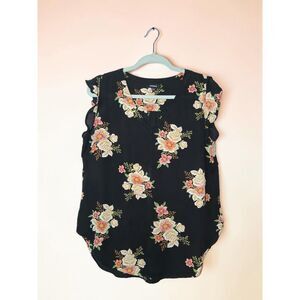 Premise Large Black Floral V-Neck Sleeveless Blouse Ruffle Cap Sleeve Top